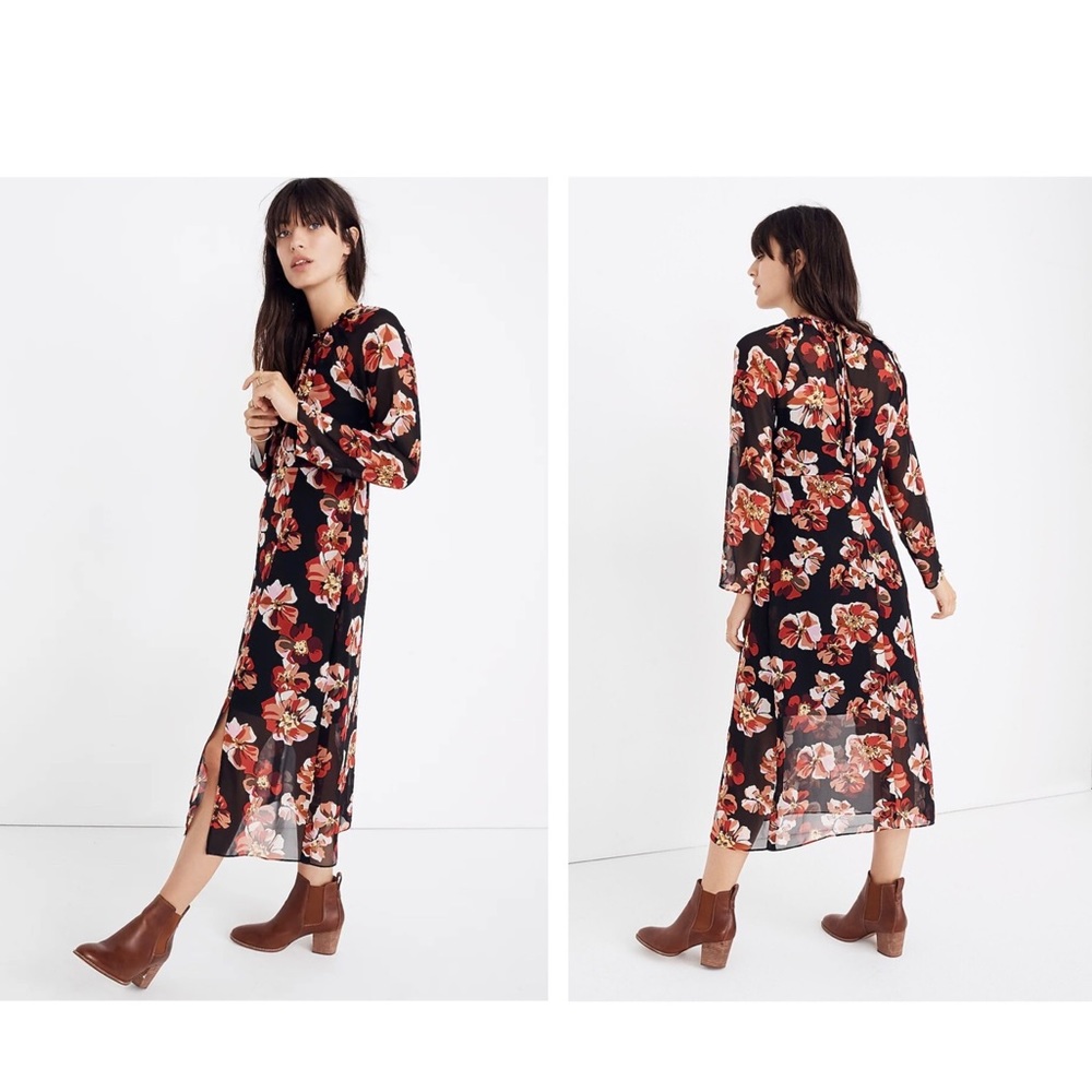 Madewell Shirred Midi Dress French Rose Black Red Sheer XL